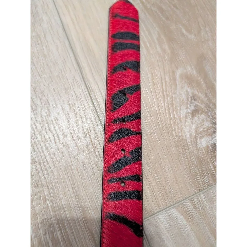 3D Leather Kids Small Red Zebra Hair-on-Hide Belt Western Rhinestone No Buckle